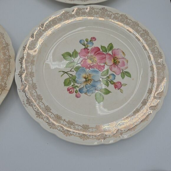French Saxon China 22k Blossomtime 9.25 Inch Diameter Gold Plates Set Of 4 Lot 1 - Picture 3 of 10